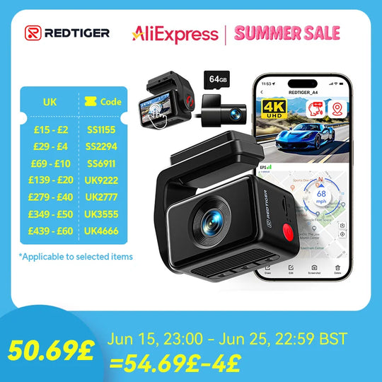 REDTIGER  Dash Camera Front and Rear 4k Dash Cam  Drive Recorder for WiFi GPS Car Dvr for 24H Parking Mode Black Box for Car